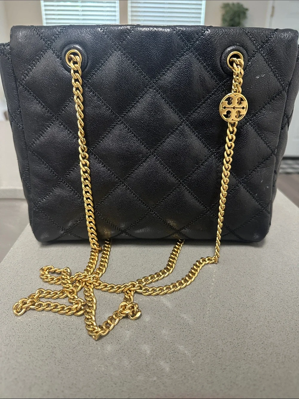 Tory Burch Black Quilted Shoulder Bag with Gold Chain